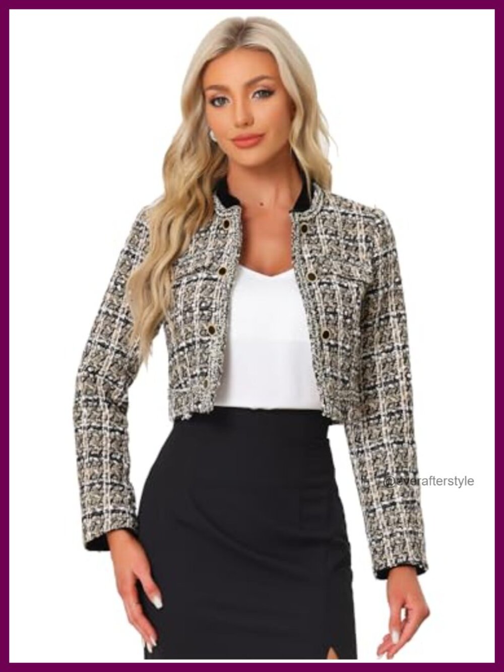 Women Tweed Plaid Cropped Open Front Blazer Collarless Button Decor